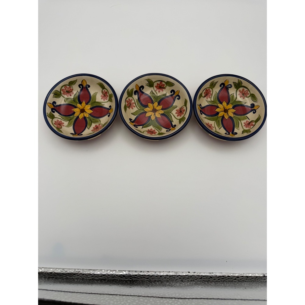 Pier 1 Vallarta Dipping Bowls Set of 3 Hand Painted Earthenware Floral Striped